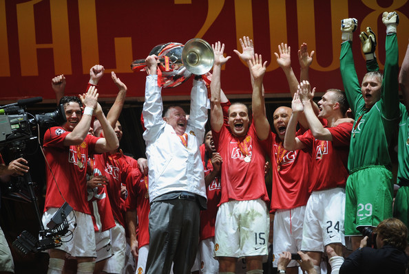 Sir Alex Ferguson holds aloft the Champions League trophy in 2008
